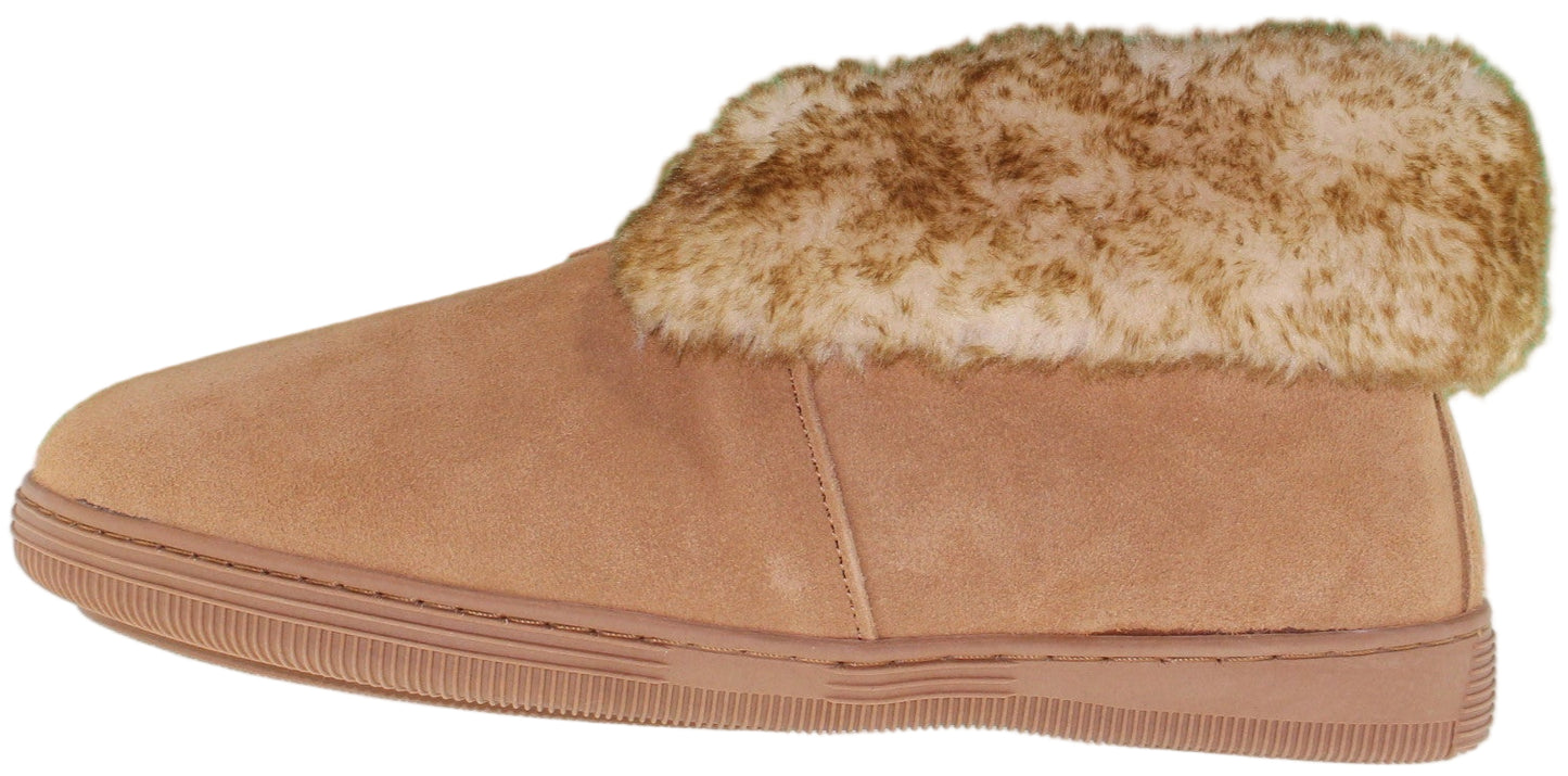 Tan suede slipper with a fluffy fur trim.