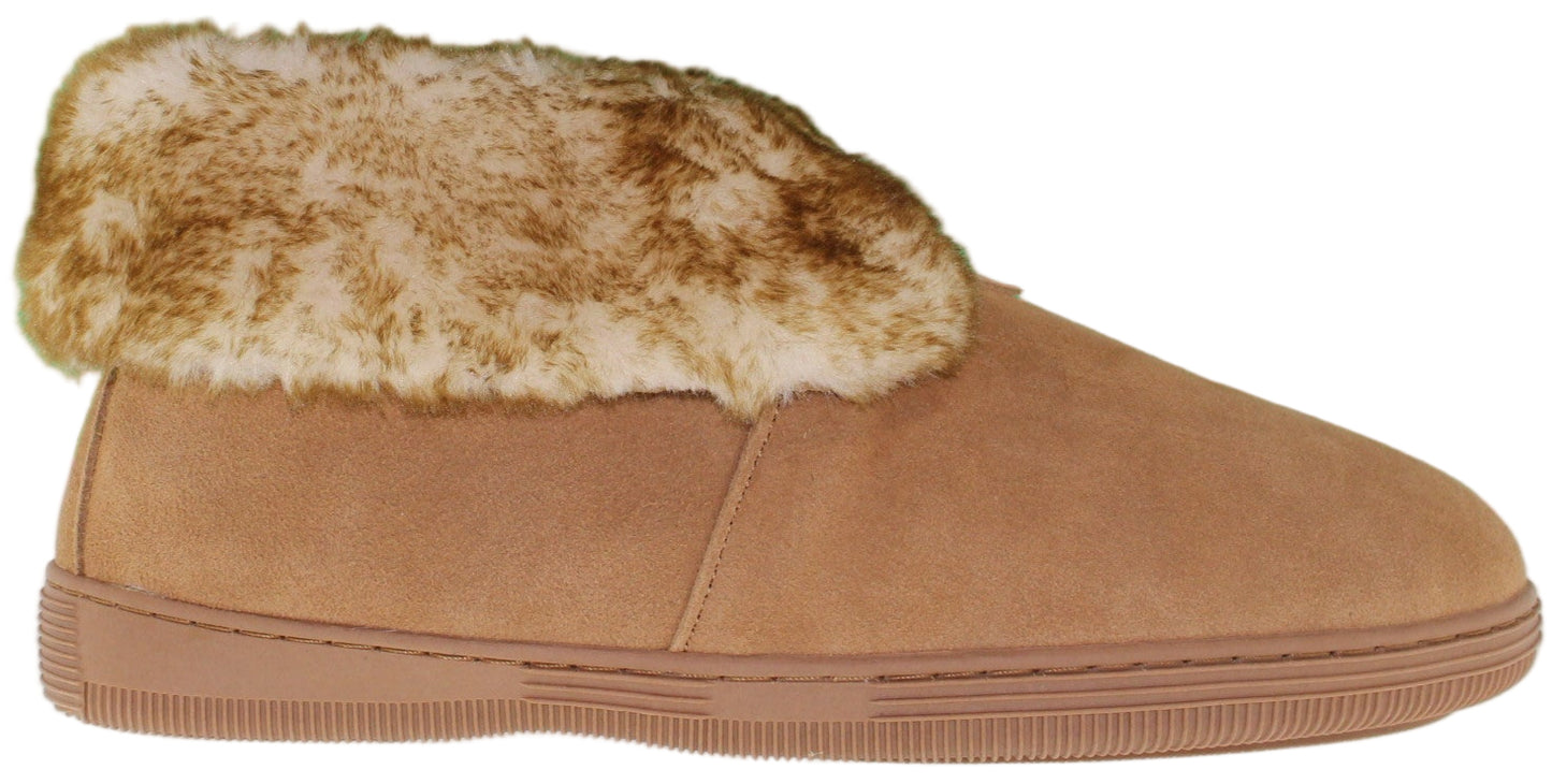 Tan slipper with faux fur trim.
