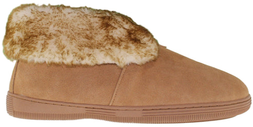 Tan slipper with faux fur trim.