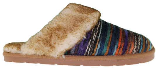 A slipper with striped multicolored fabric and fur trim.