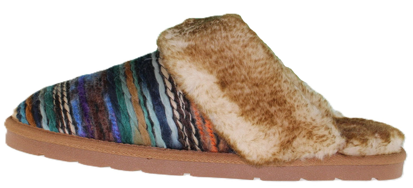 A striped fabric slipper with faux fur trim.