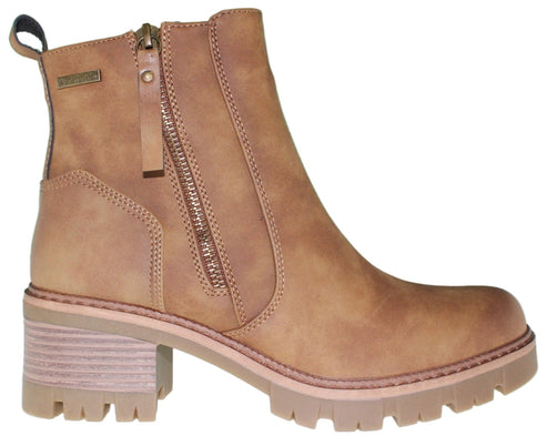 Tan ankle boot with side zipper and block heel.