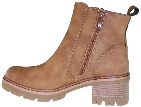 Tan ankle boot with side zipper and block heel.