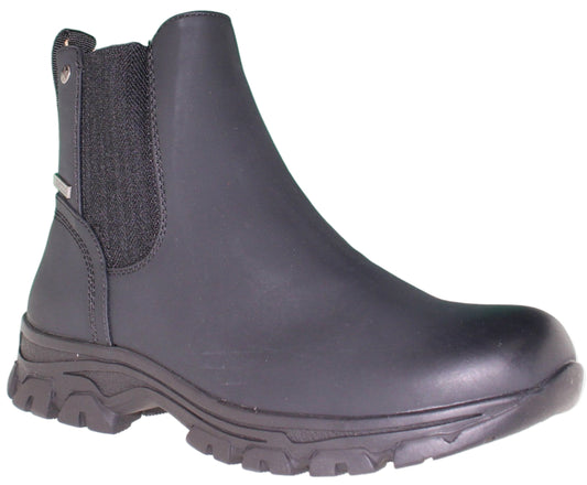 Black Chelsea-style work boot with elastic goring.