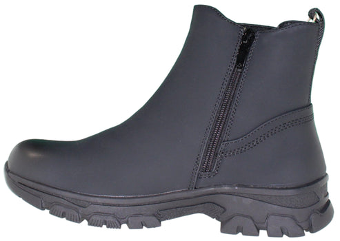 Side view of a black work boot with a zipper.