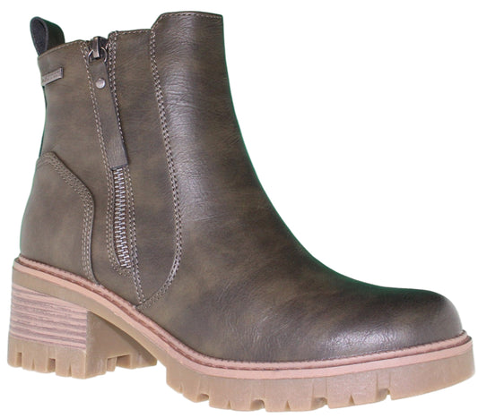 Olive green ankle boot with side zipper and chunky lug sole.