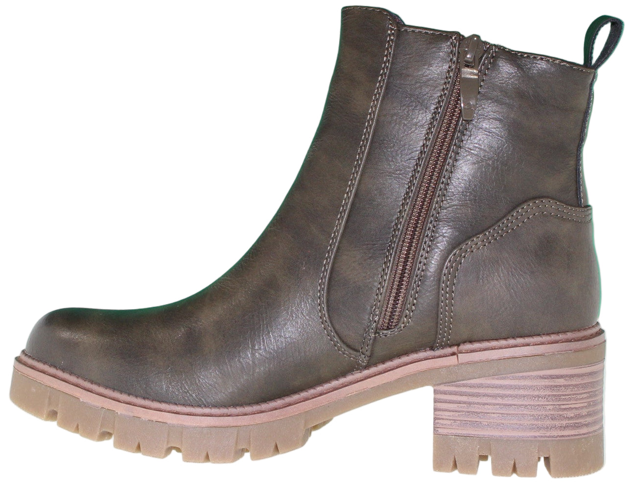 Olive-green ankle boot with side zipper and lug heel and sole.