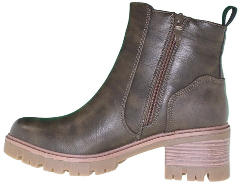 Olive-green ankle boot with side zipper and lug heel and sole.