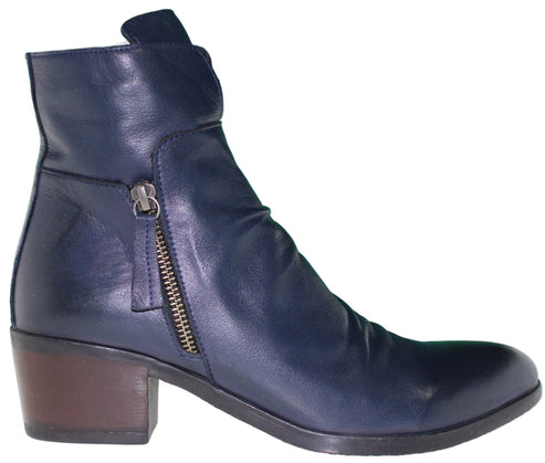 A dark blue leather ankle boot with a side zipper and a block heel.
