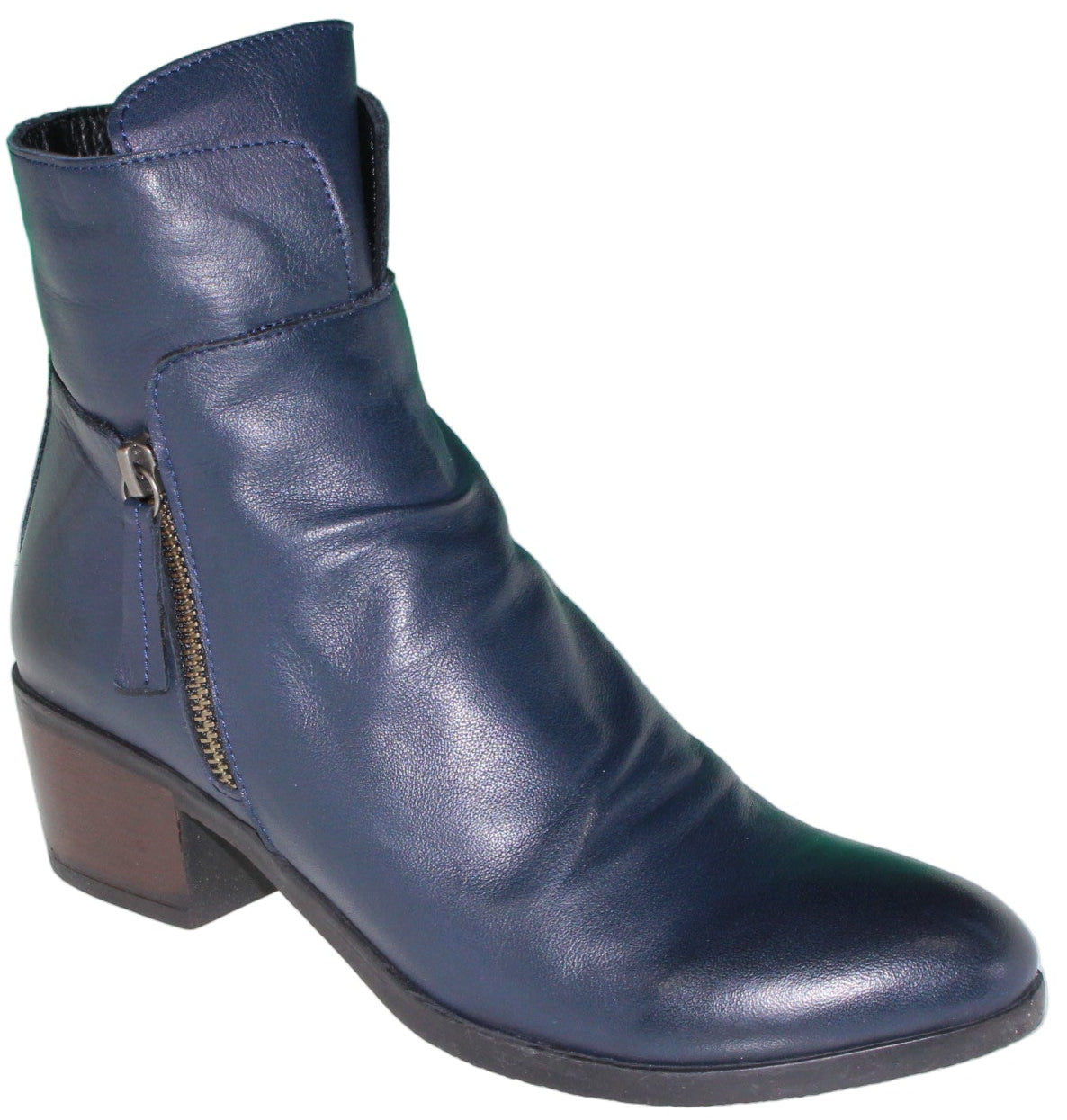 Navy leather ankle boot with zipper and short brown heel.
