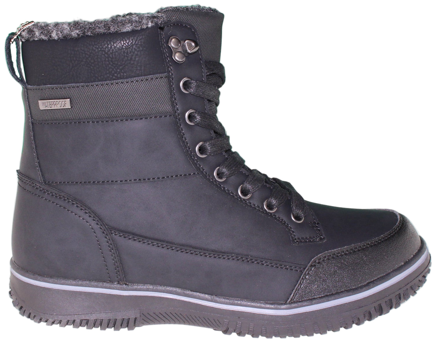 Black lace-up boot with silver metal eyelets and a gray fur lining.