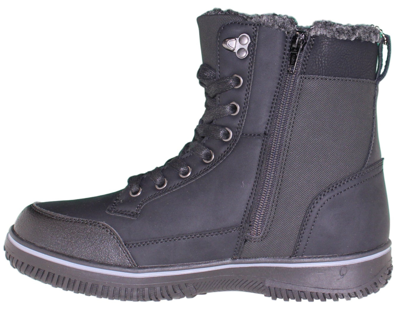 Black lace-up boot with side zipper and faux fur trim.