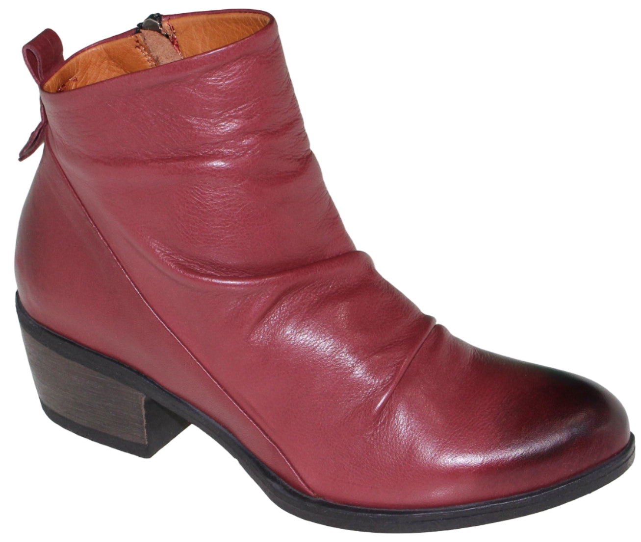 Red leather ankle boot with a stacked heel and a slightly pointed toe.