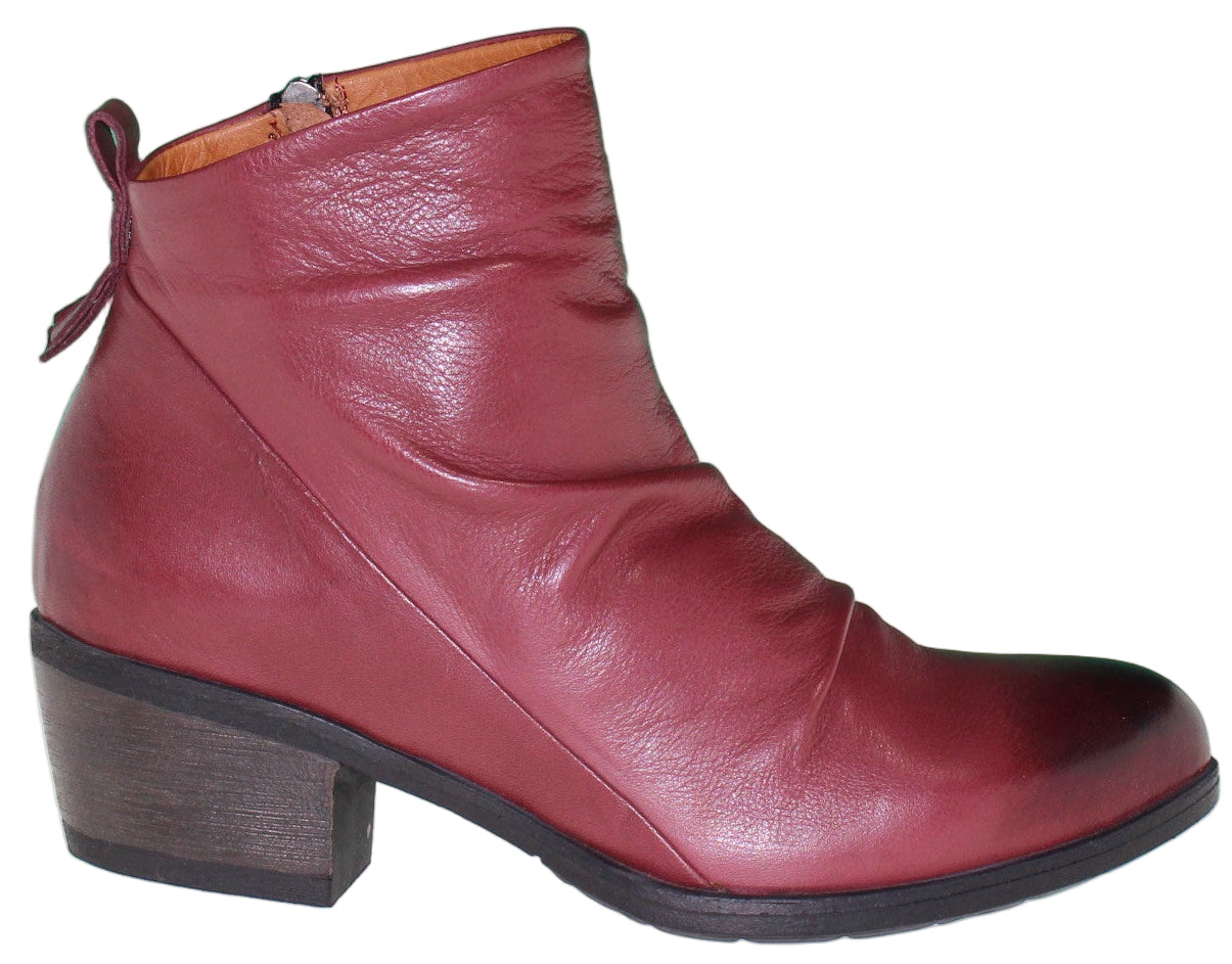 Red leather ankle boot with a block heel.