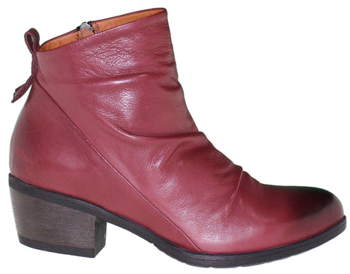 Red leather ankle boot with a block heel.