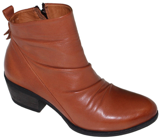 Tan leather ankle boot with a low block heel and a side zipper.