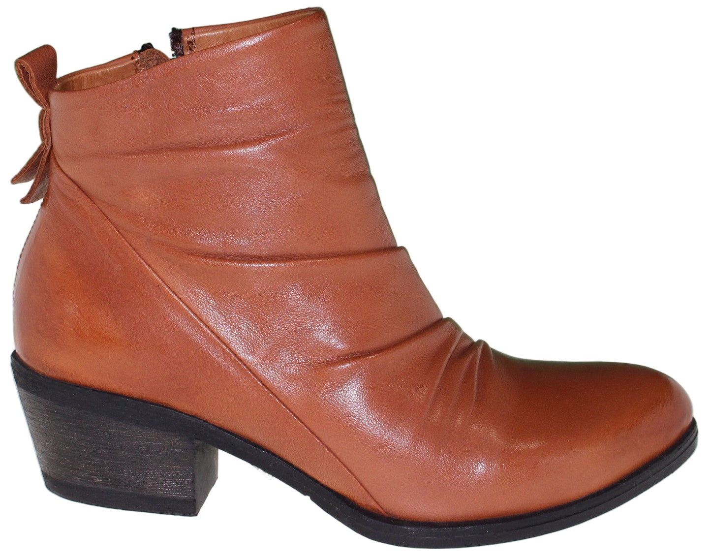 A brown leather ankle boot with a block heel and a zipper closure on the back.
