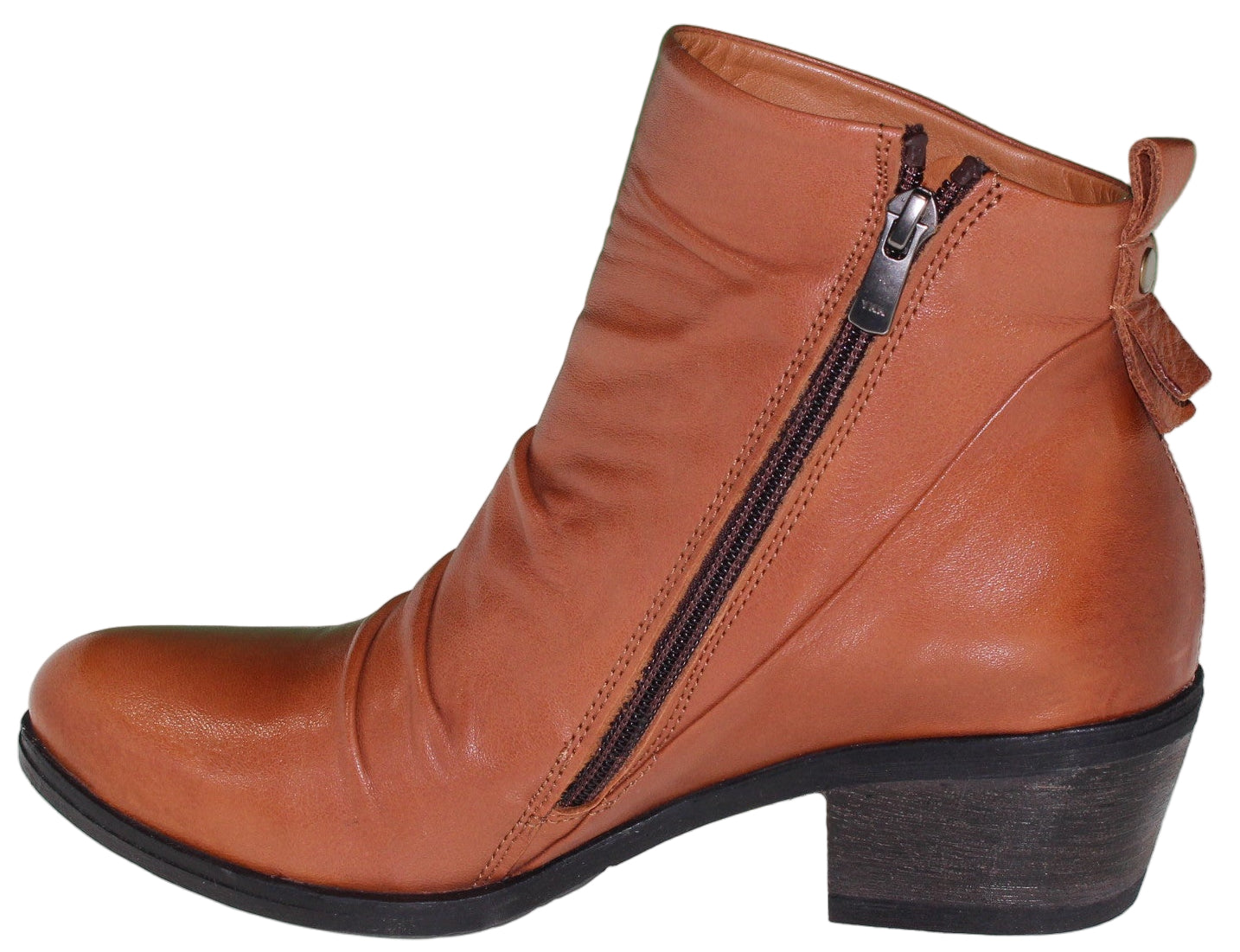Side view of a brown leather ankle boot with a side zipper and a short stacked heel.