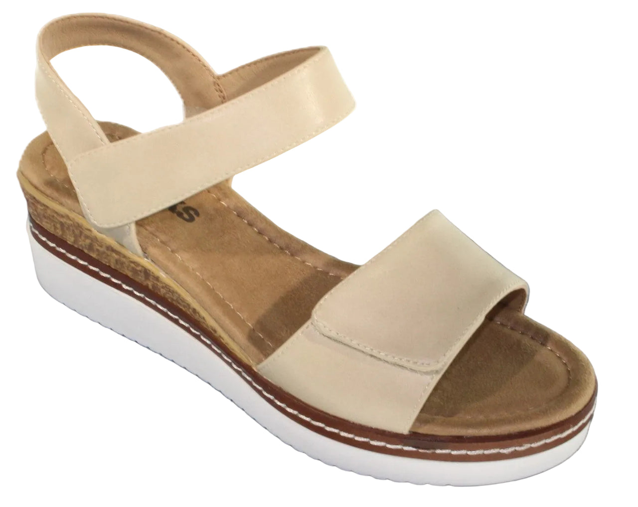 Beige sandal with velcro straps and a white platform sole.