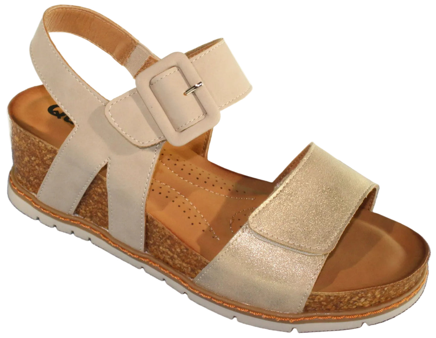 Beige wedge sandal with cork platform, adjustable buckle strap, and textured sole.