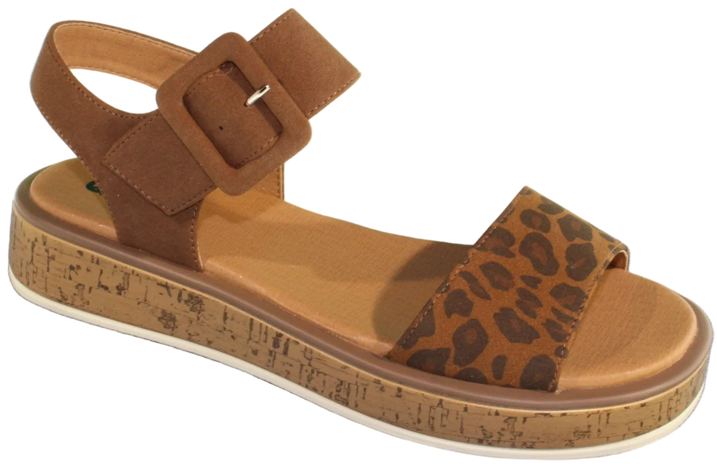 Sandals with leopard-print toe strap, ankle strap with buckle, and cork platform sole.