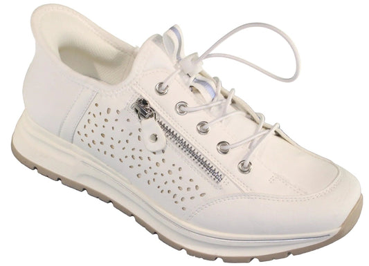 White sneaker with side zipper, perforated accents, and bungee laces.