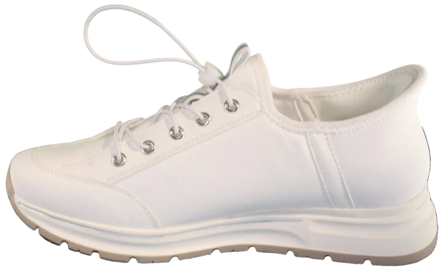 A white low-top sneaker with elastic laces.