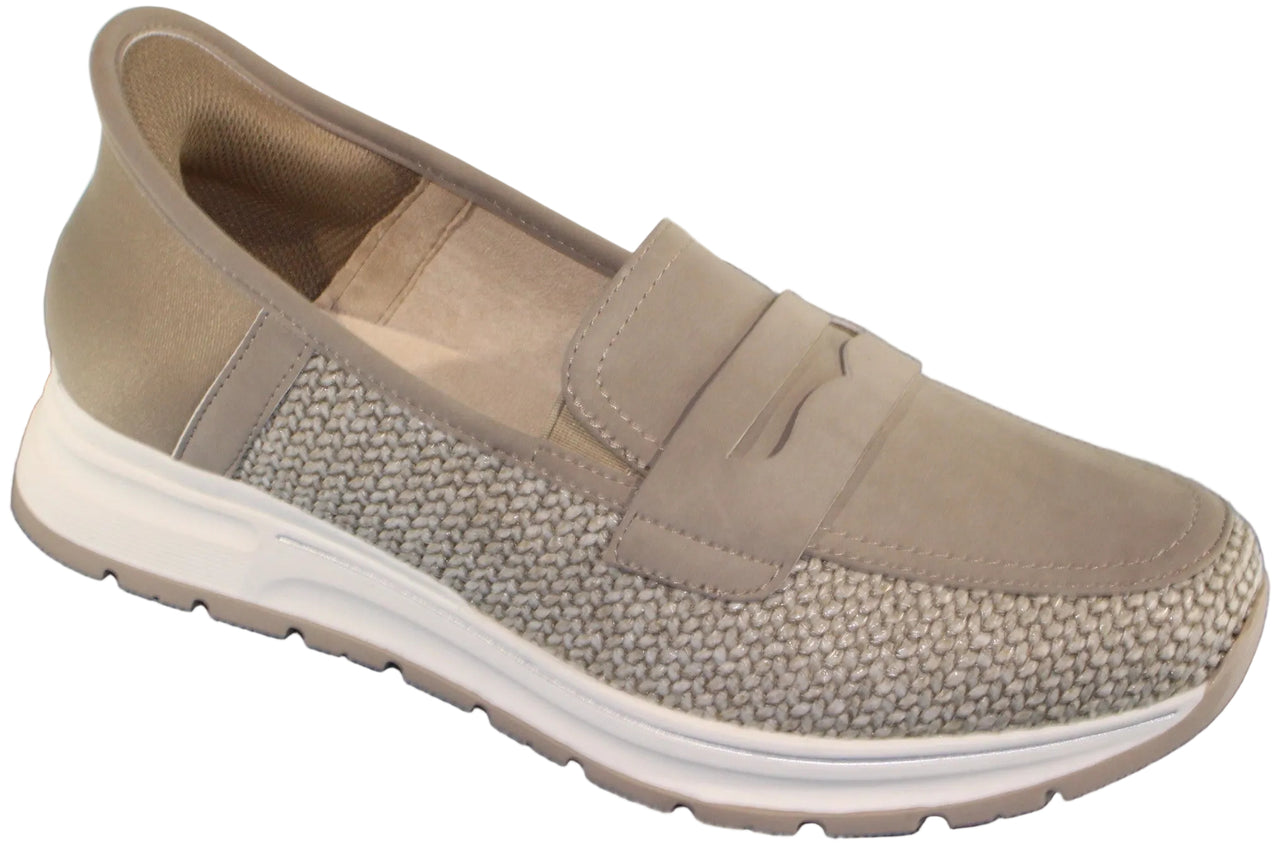 Beige loafer with a textured fabric and leather upper, a white sole.
