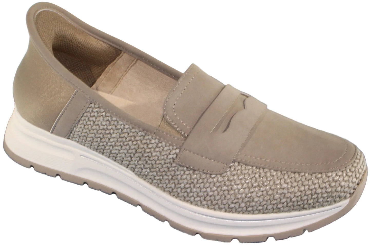 Beige loafer with a textured fabric and leather upper, a white sole.
