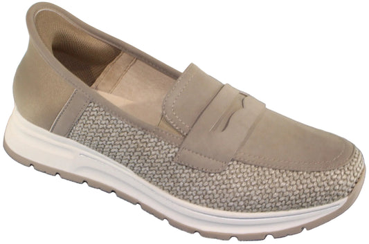 Beige loafer with a textured fabric and leather upper, a white sole.
