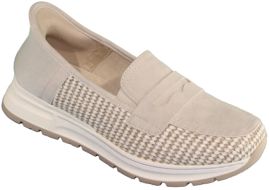 Beige loafer with a textured woven side panel and platform sole.