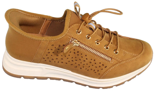 Tan sneaker with zipper detail and decorative laces.