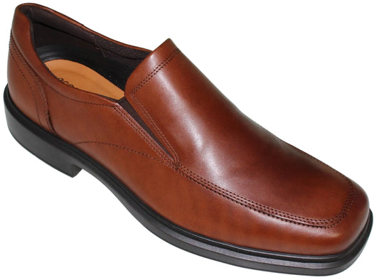Men's brown leather slip-on dress shoe with a square toe and black sole.