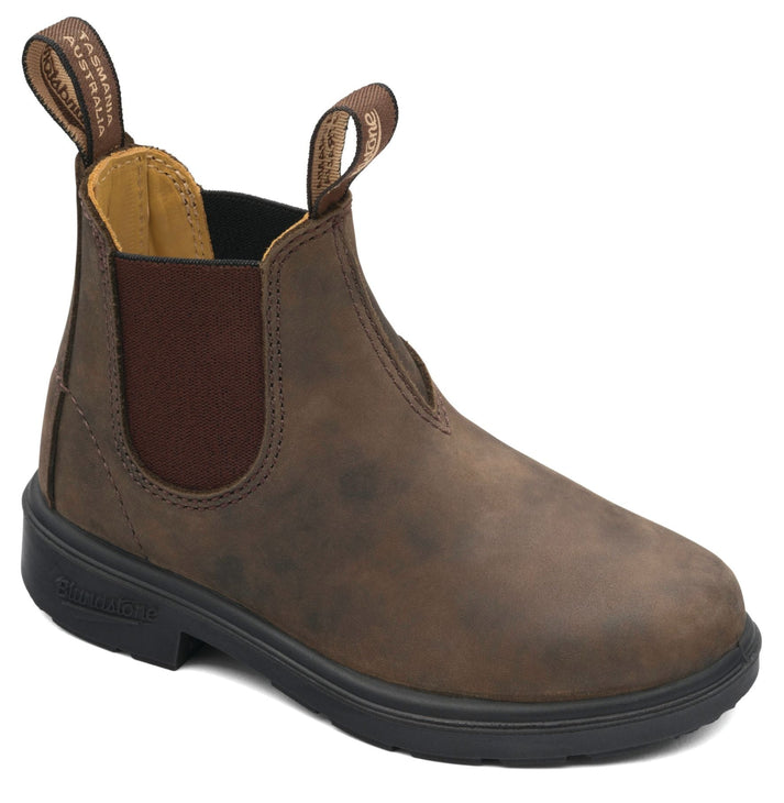 Chestnut brown ankle boot with black soles and pull loops.