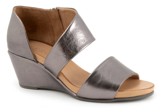 Silver wedge heel sandal with two straps across the foot.