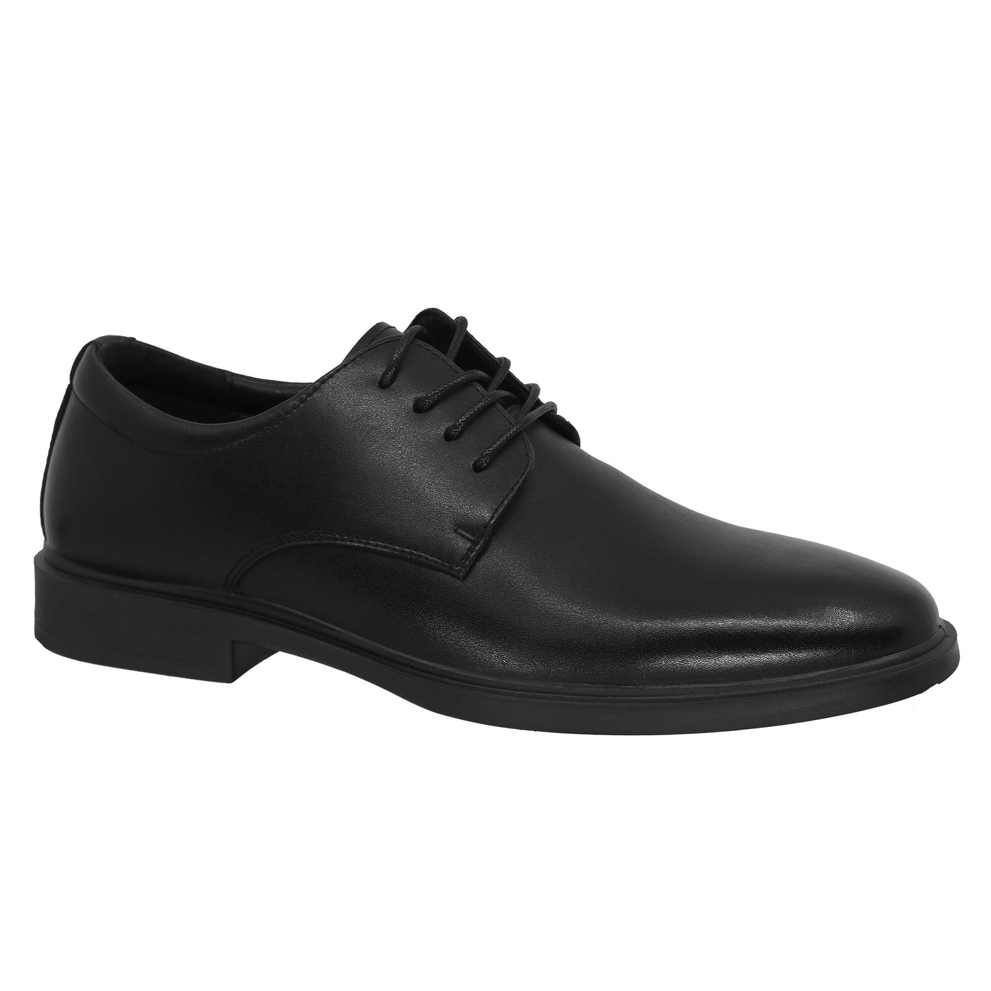 Black leather dress shoe with lace-up closure.