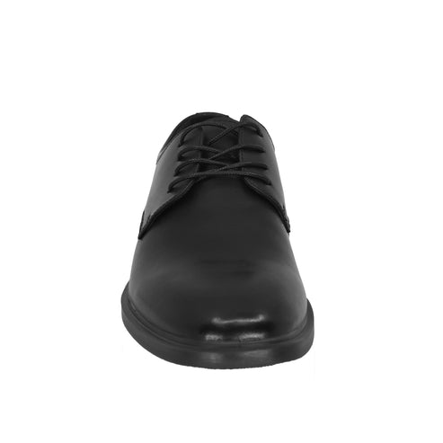 Black leather dress shoe with laces.