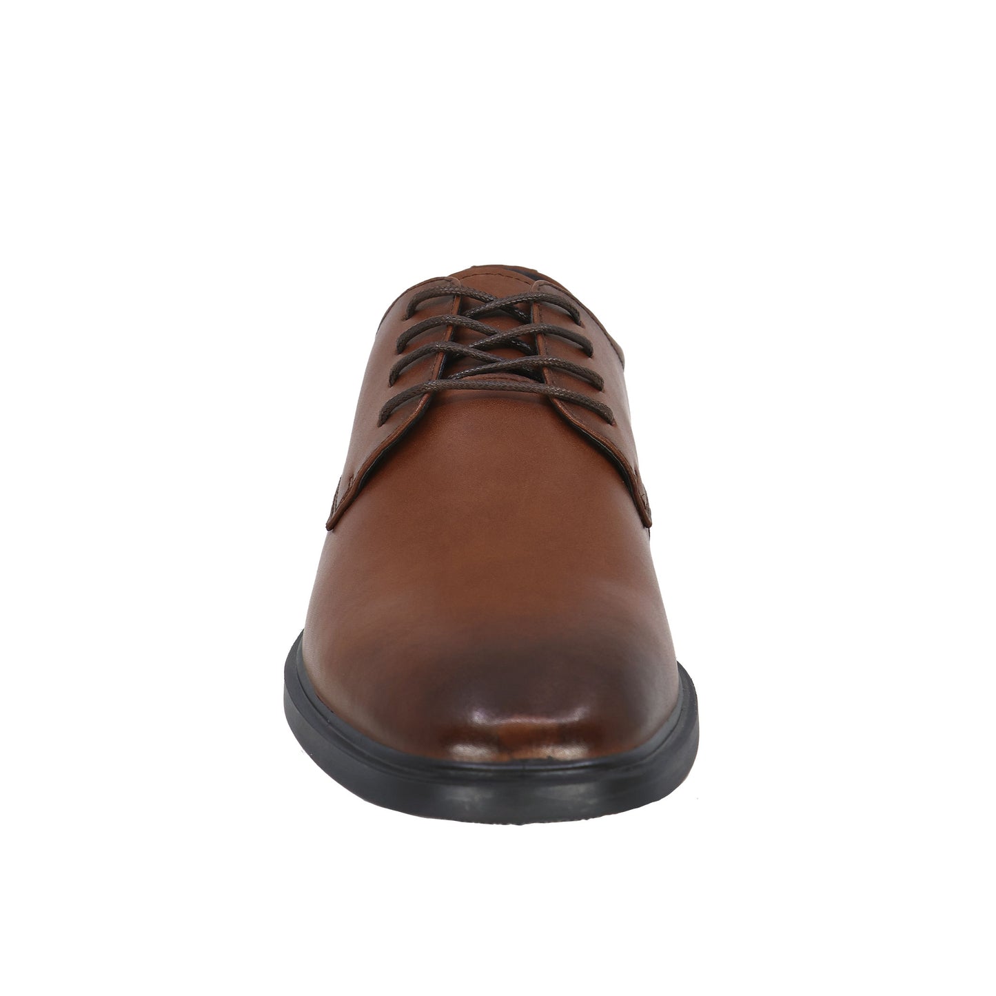 Brown leather dress shoe with black sole and laces.