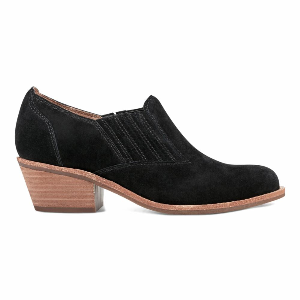 Black suede ankle boot with a 2-inch block heel.
