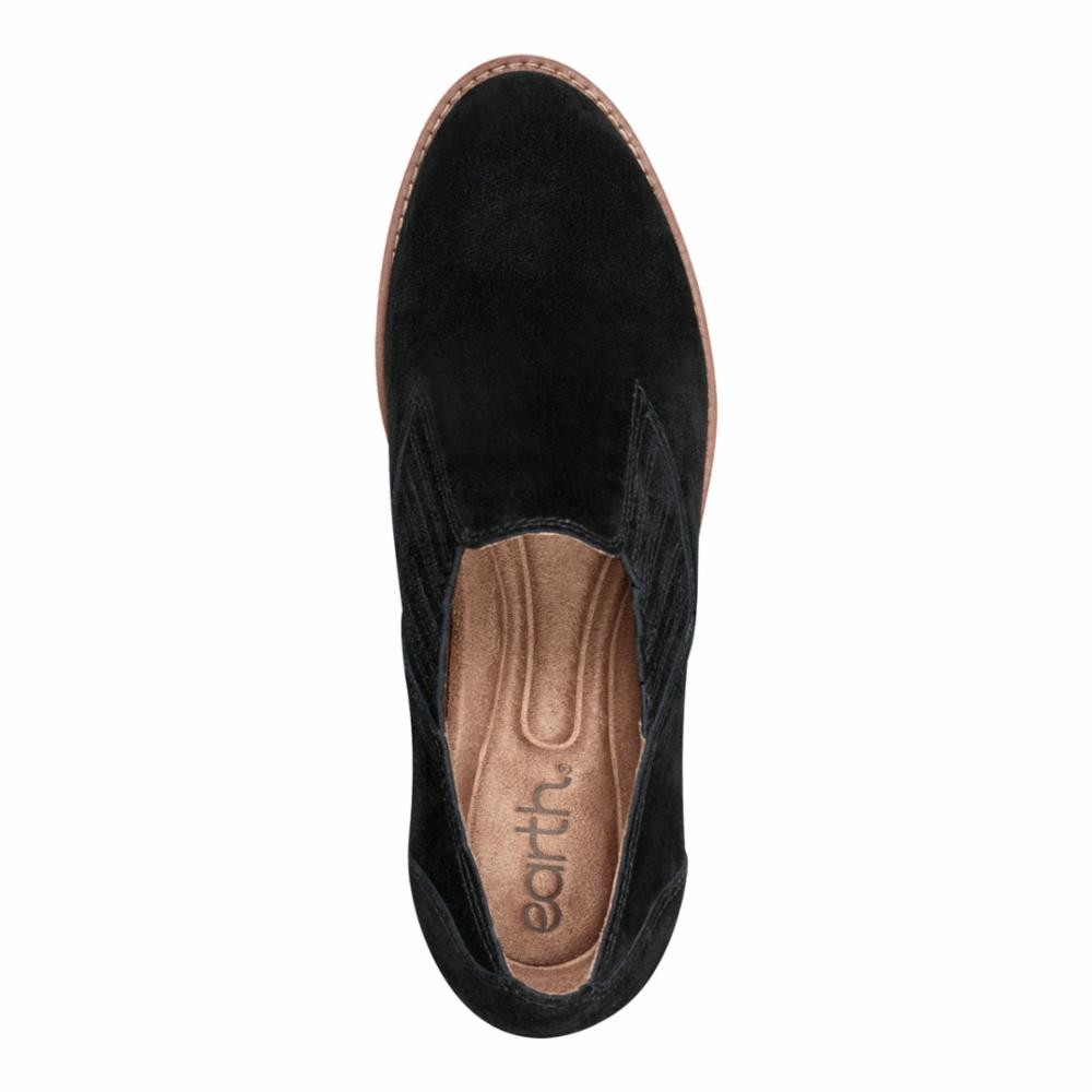 Overhead view of a black suede slip-on shoe with visible “earth.” logo on the insole.