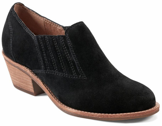 Black suede ankle boot with a low wooden heel.