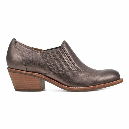 Metallic bronze low ankle boot with a stacked heel.