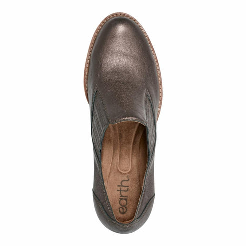 Top-down view of a metallic brown leather slip-on shoe with elastic side panels, a rounded toe, and a low heel; "earth" is visible inside.
