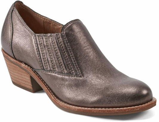 Metallic bronze ankle boot with a short heel and elastic gussets.