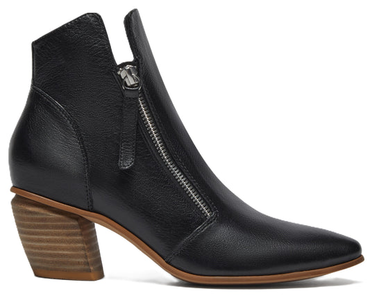 Black leather ankle boot with side zipper and stacked wood-look heel.