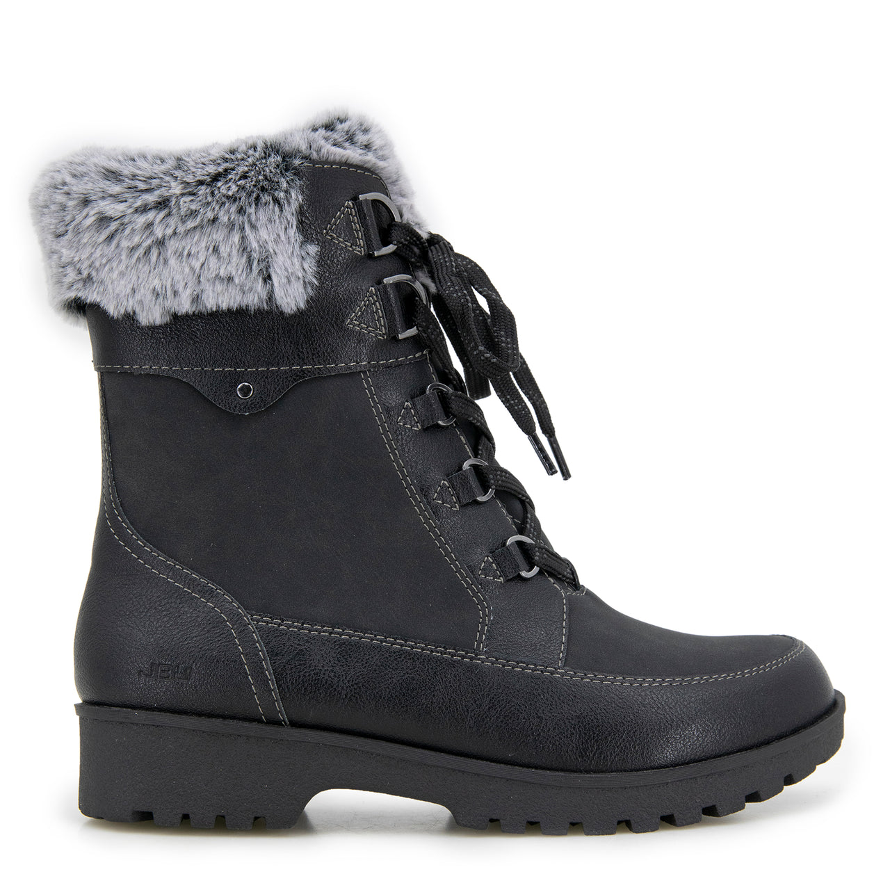 Black lace up boot with faux fur trim.