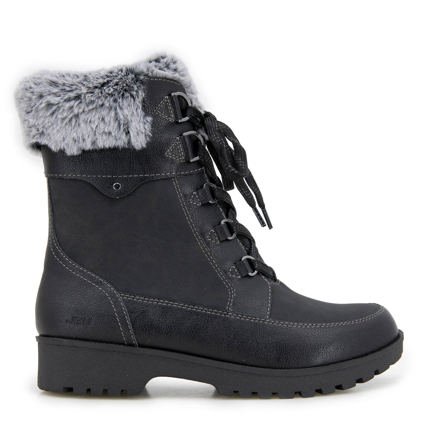 Black lace up boot with faux fur trim.