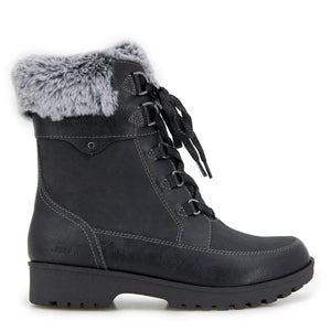 Black lace up boot with faux fur trim.