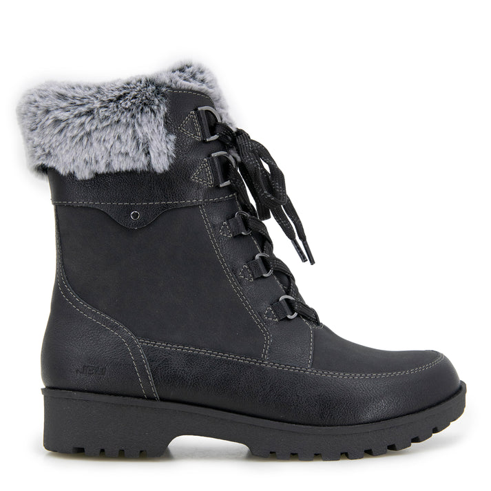 Black lace up boot with faux fur trim.