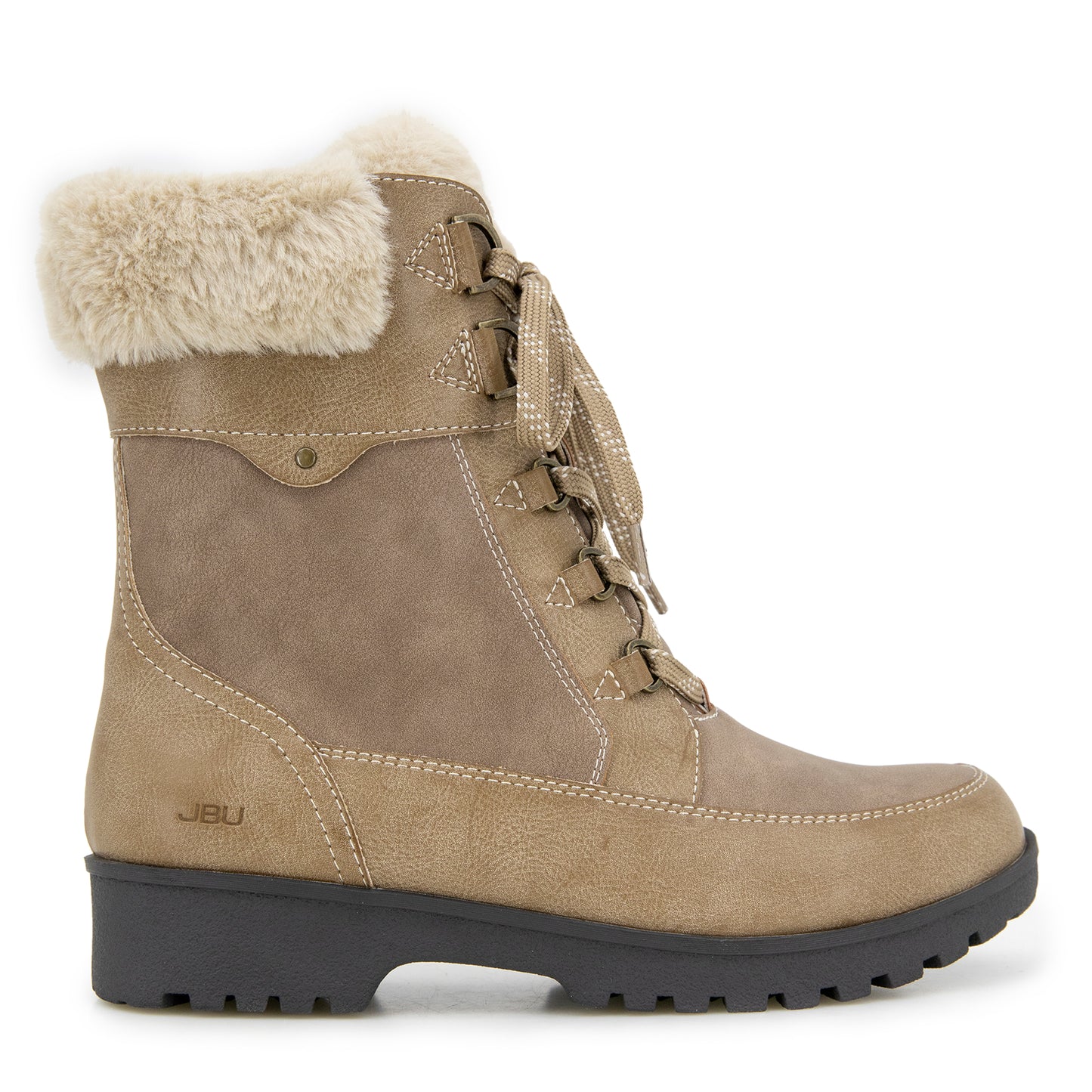 Mid-calf tan boot with faux fur trim and lace-up closure. The letters JBU are printed on the boot near the sole.